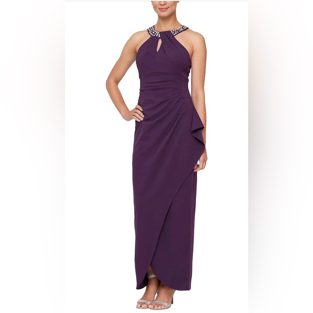 SLNY Women's Long Crepe Dress with Embellished Halter Neckline Size 10P